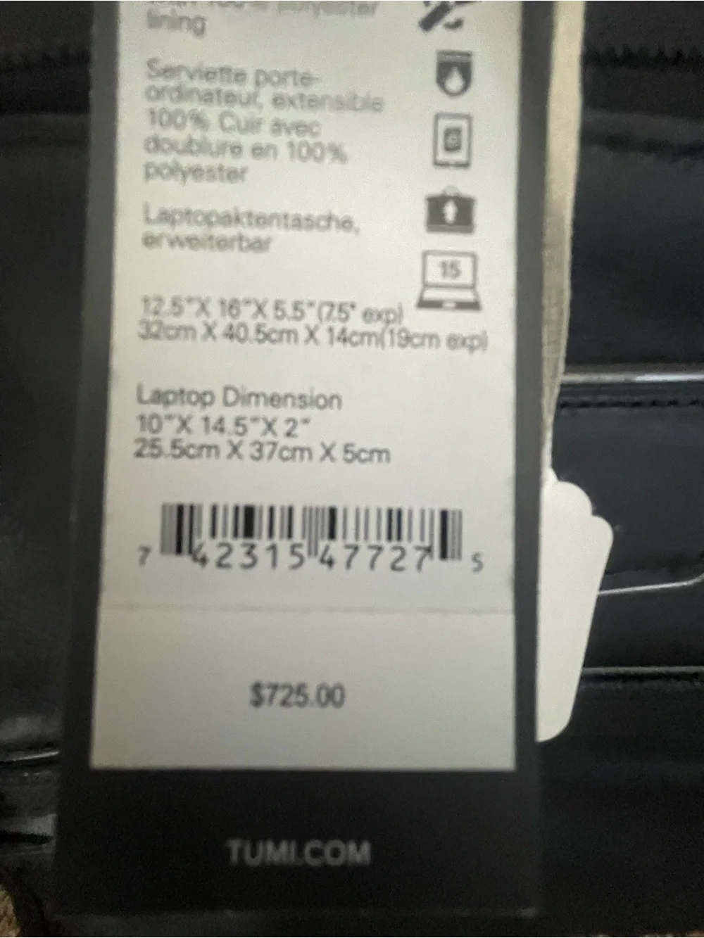 Tumi Black Leather Laptop Briefcase with Front Zip Pockets